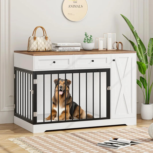 DAFIFY Wooden Dog Crate Kennel Double Doors And Drawers