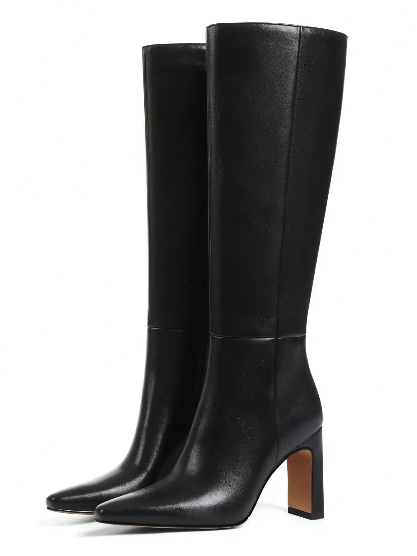 Knee High Boots Flock Zip Square Toe Chunky Heels Women