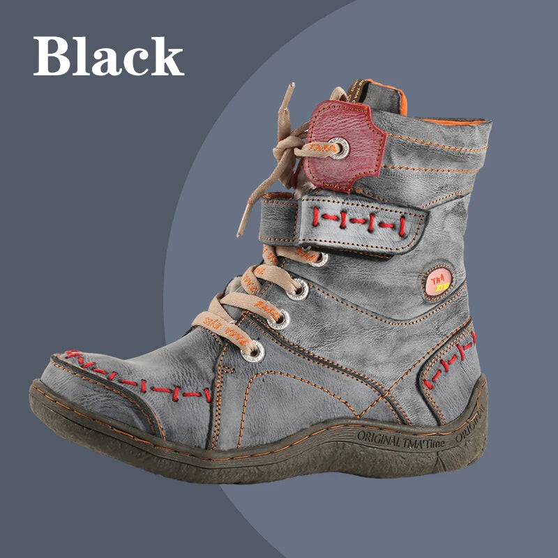 TMA EYES Women's Winter Leather Boots Slip-On Plush Lining