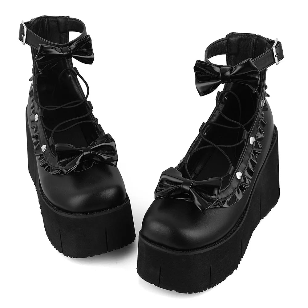 GIGIFOX Lolita Punk Butterfly Knot Platform Wedge Mary Jane Pumps