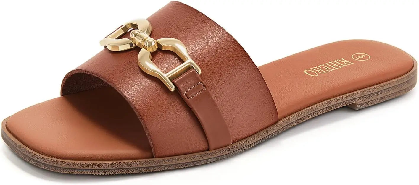 CN Fujian Womens Leather Flat Sandals Memory Foam Insole