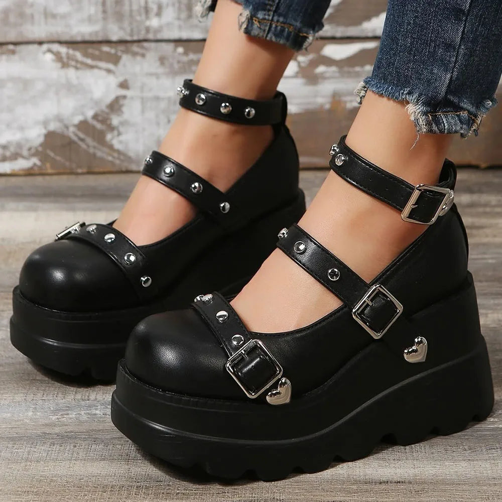 DoraTasia Retro Studded Punk Mary Jane Pumps for Nightclub