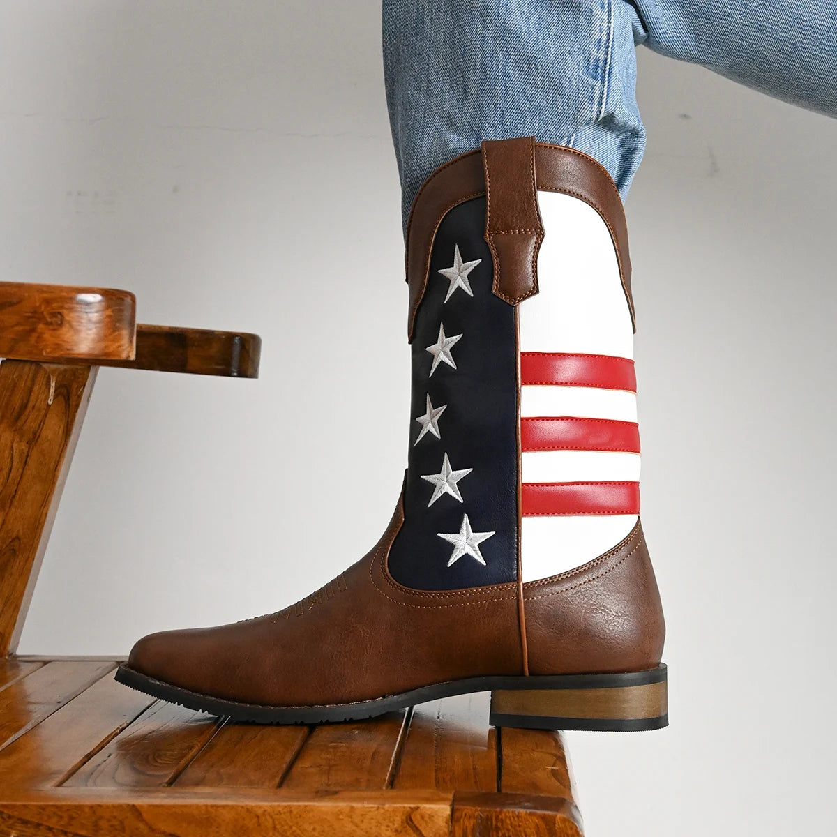 Men's High Top Cowboy Boots With Stars And Stripes Pattern